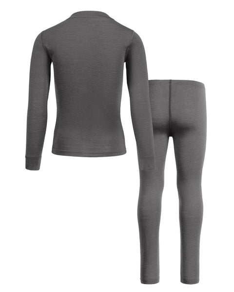 Back view of kids’ gray Merino wool base layer set with long-sleeve top and leggings.