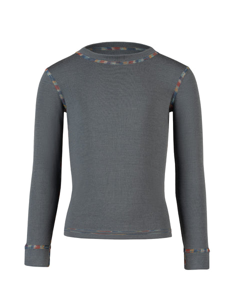 Front view of the kids&#39; menique merino 250gsm long sleeve top, in perfect gray color, white background.