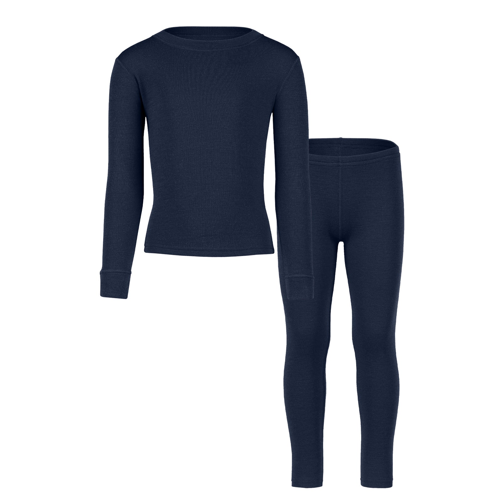 A young girl modeling a matching two-piece set consisting of a long-sleeved navy blue thermal top and leggings.