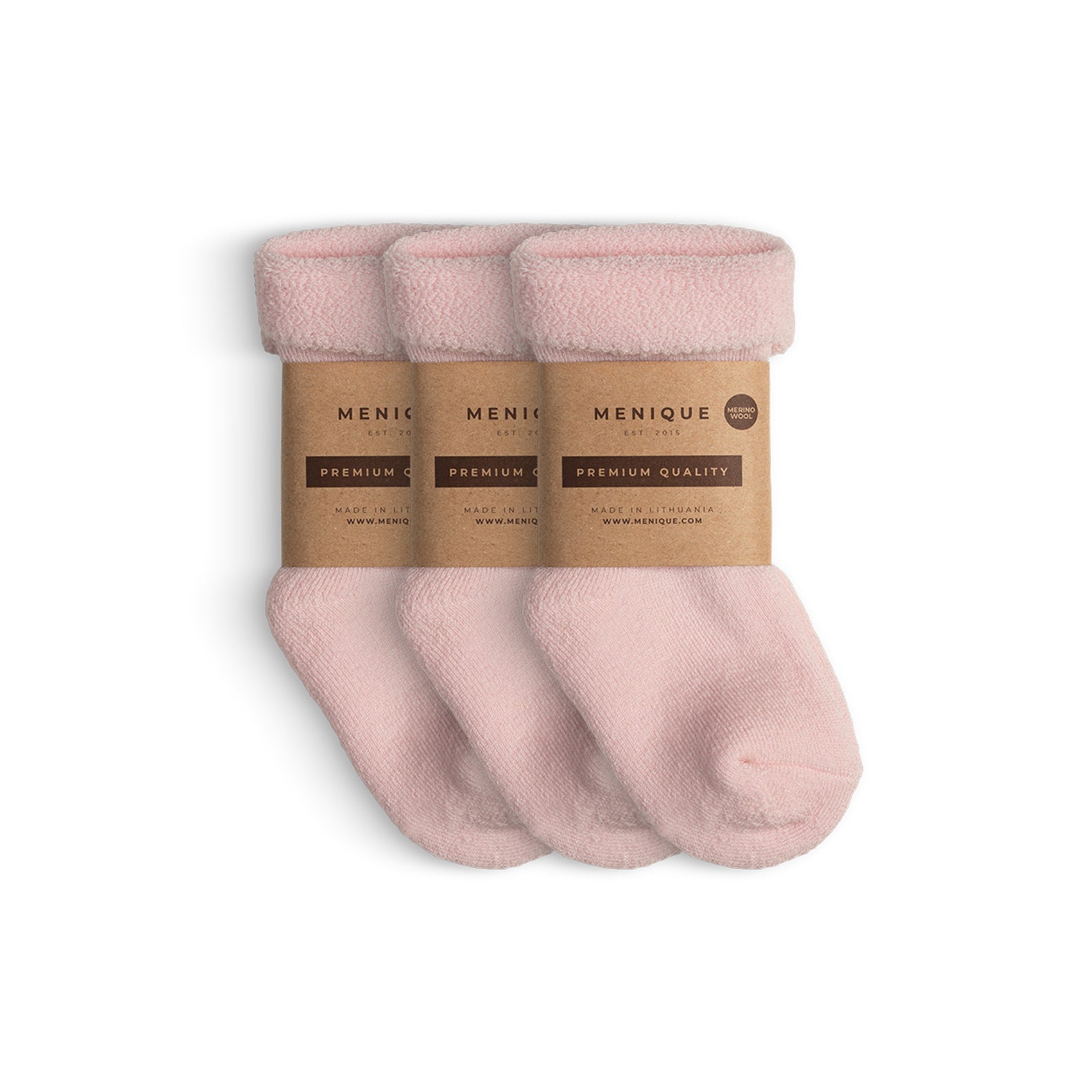 A 3-pack of kids’ light blue sherpa-lined merino wool socks with Menique branding.