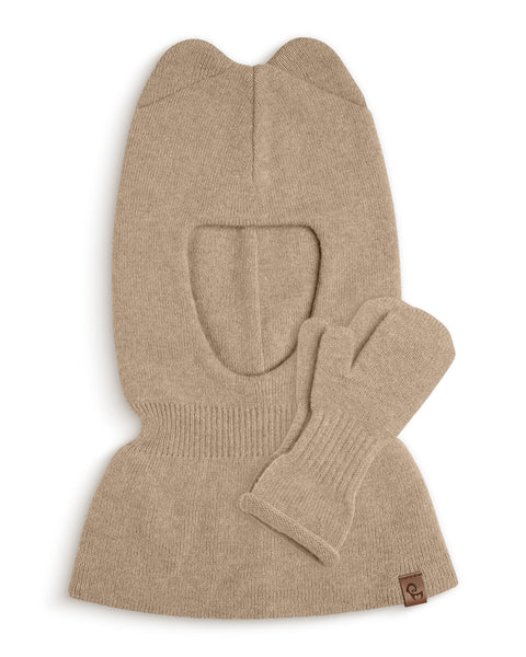 Creamy beige knit balaclava with a brand logo on a white background