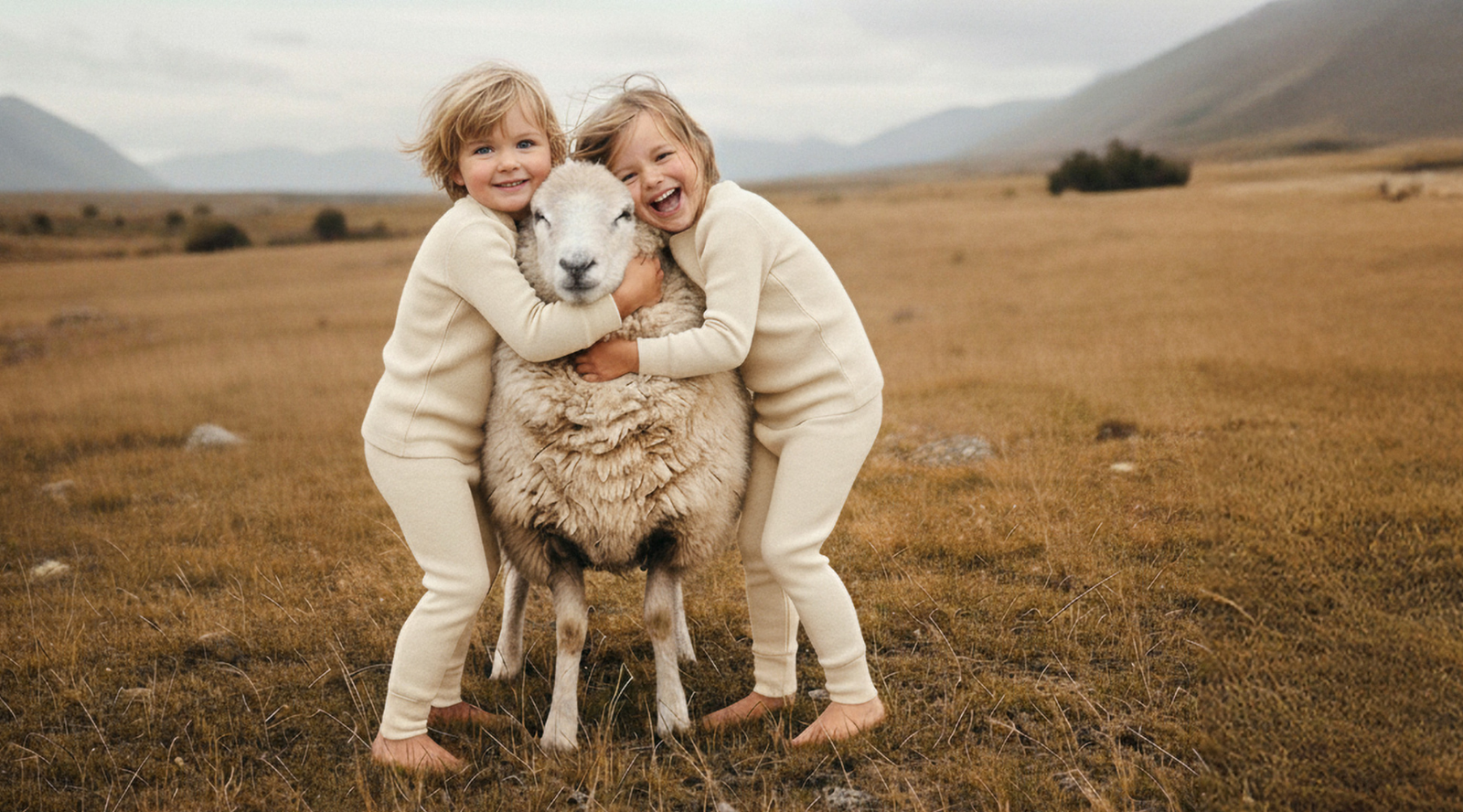Two children wearing natural Merino wool base layer sets hugging a sheep outdoors, kids all-Merino clothing