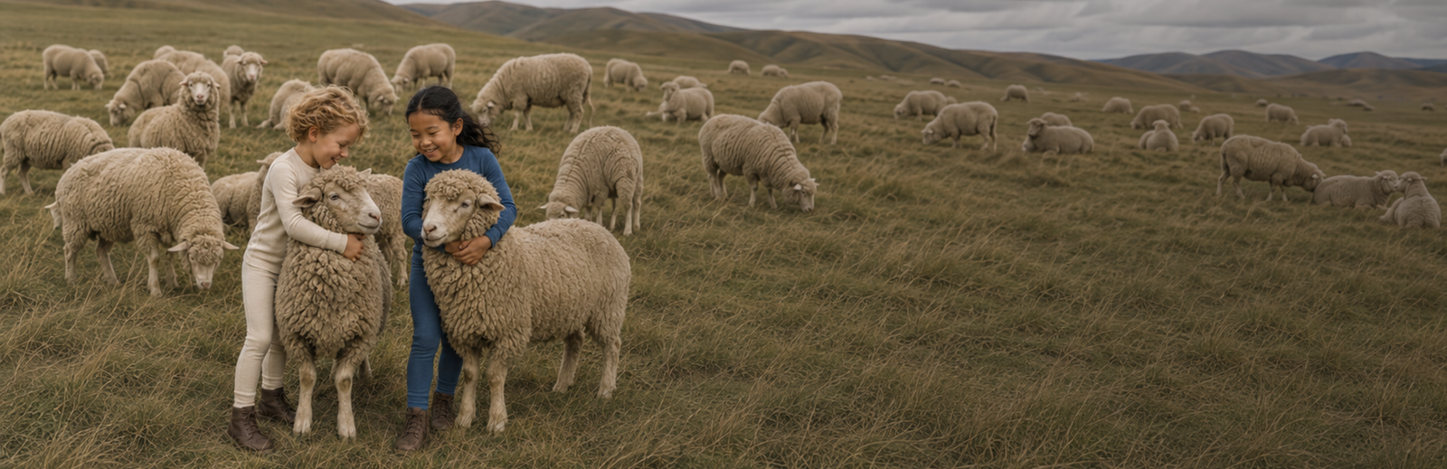 Two young children wearing base layers petting and embracing sheep in a grassy field, surrounded by a larger flock.