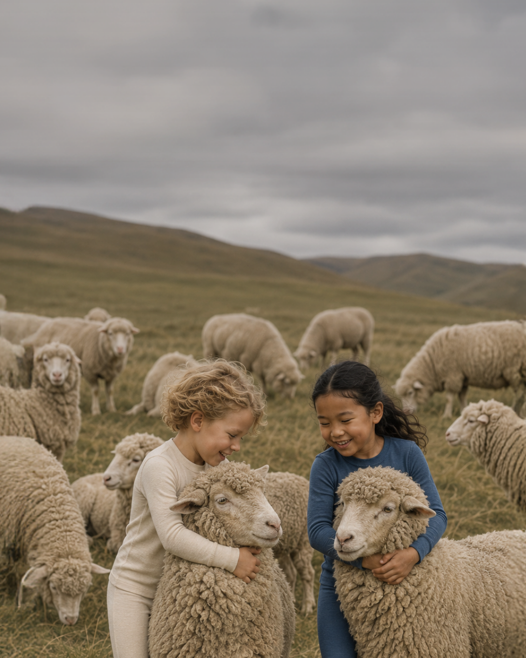 Two young children wearing base layers petting and embracing sheep in a grassy field, surrounded by a larger flock.