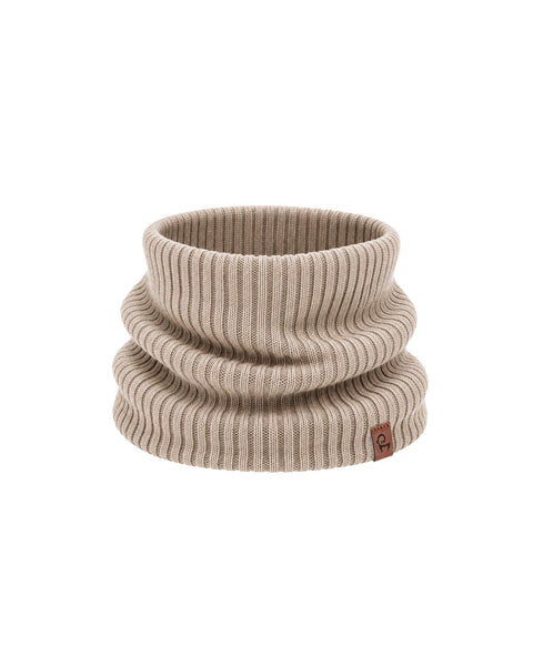 A sand beige ribbed knit neck gaiter shown slightly scrunched, featuring a small brown square logo tag near the bottom edge, displayed against a plain white background.