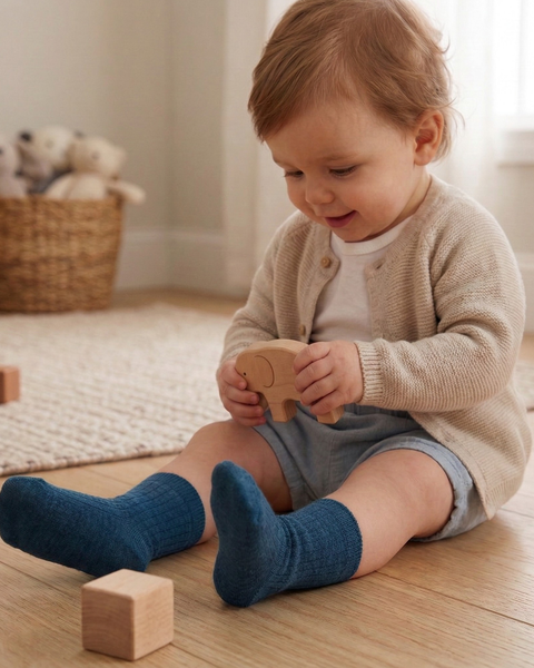 Baby wearing blue merino wool socks sitting on the floor playing with a toy.