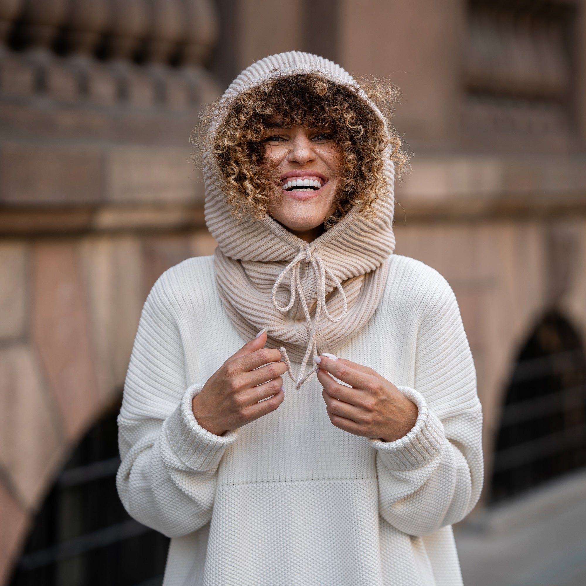 Women's Knit Merino Hood Balaclava in Beige