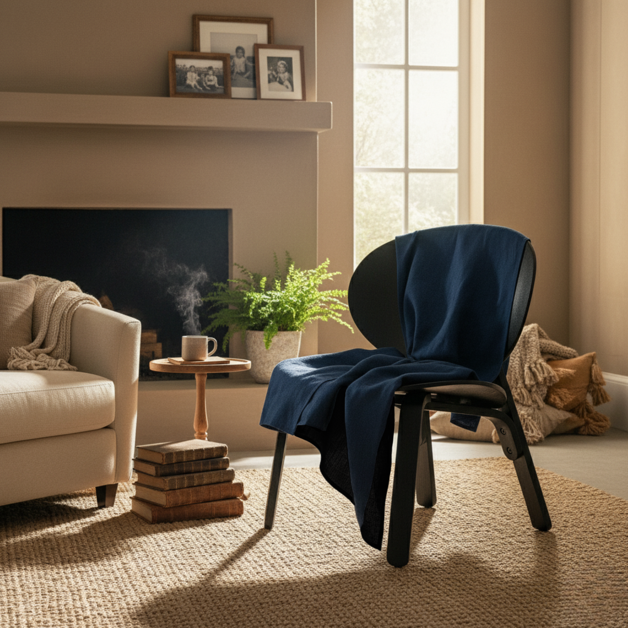A comfortable cream armchair with green and gray pillows, draped with a stone-green linen blanket, next to a wooden coffee table holding a steaming mug and an open book in a bright, inviting living room.