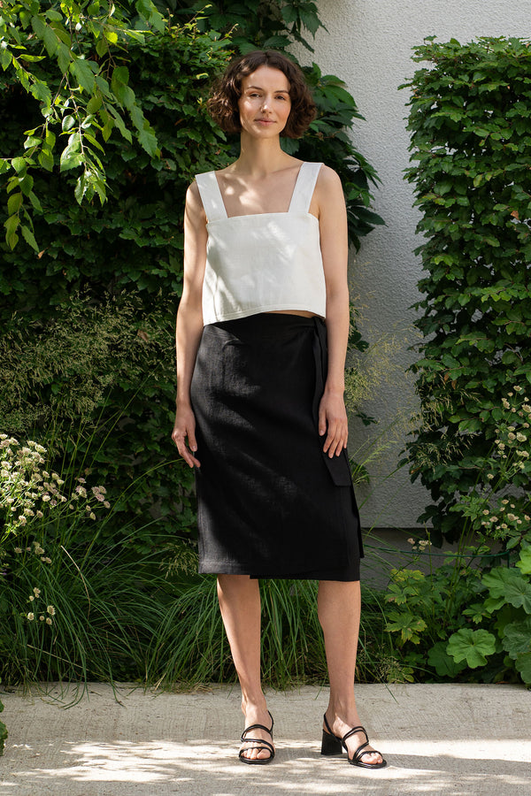 Linen Midi Wrap Pencil Skirt Everly Pure Black Color