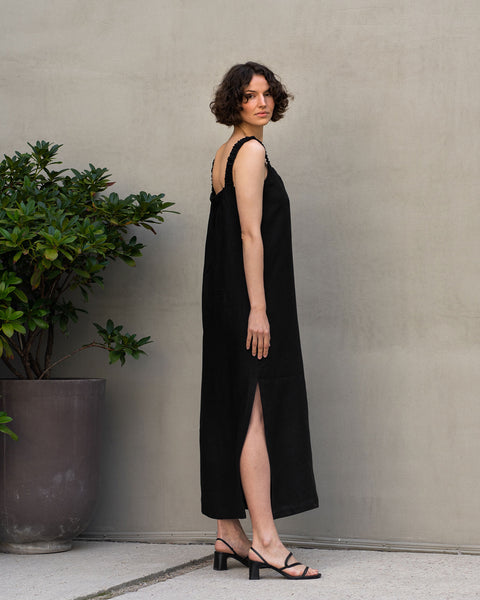 Linen Maxi Pinafore Open Back Dress Fiona