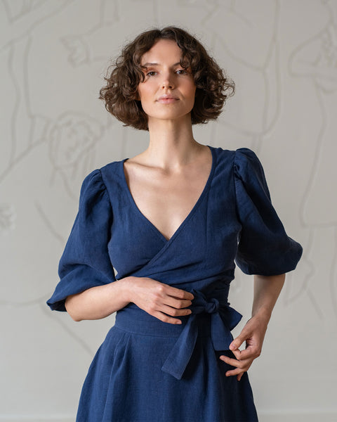 Linen Puff Sleeve Wrap Crop Top Jenny Storm Blue Color