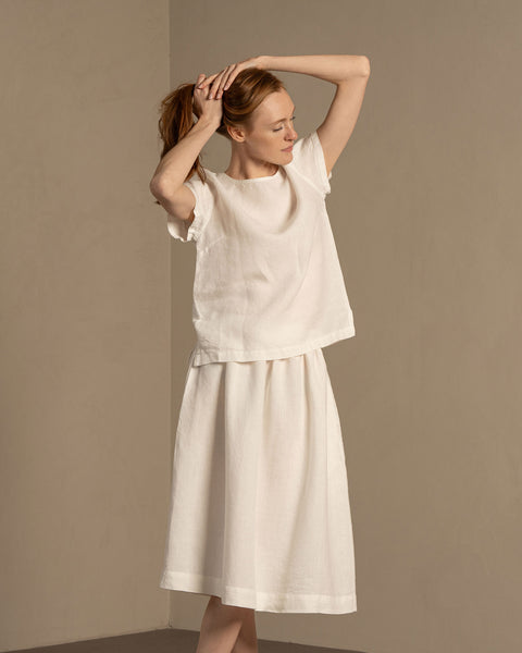 Linen Midi Skirt Sophia matched with Linen Short Sleeve Top Emma in Pure White color