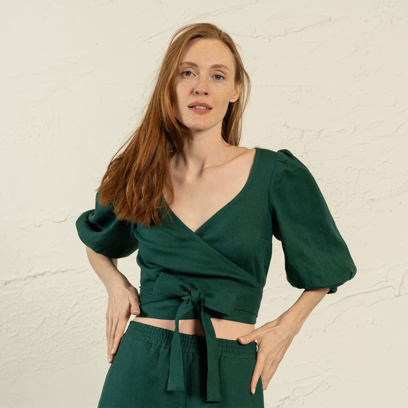 Linen Puff Sleeve Wrap Crop Top Jenny Storm Blue Color