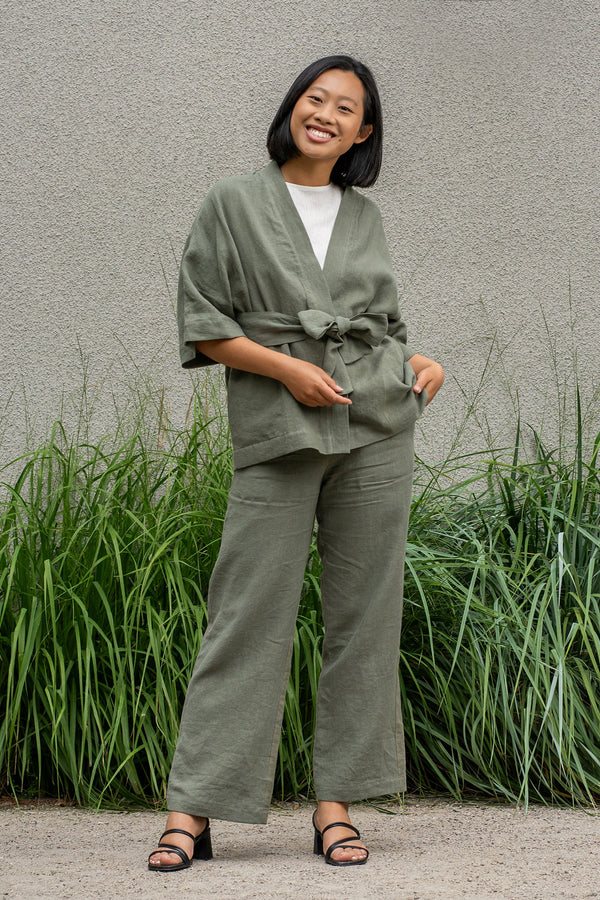 Linen Short Sleeve Cardigan with Belt Sakura Stone Green