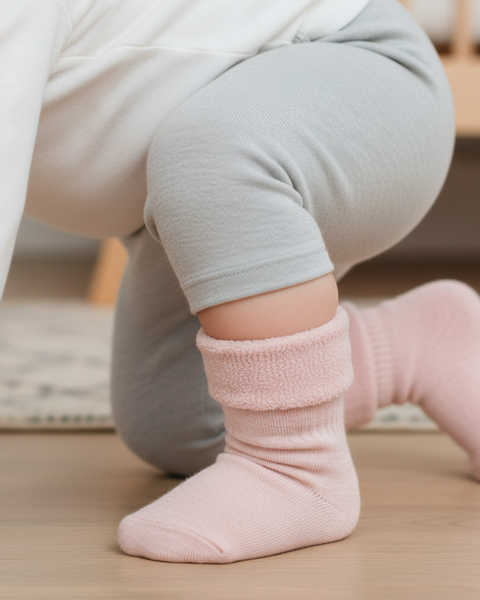 Close-up of a baby wearing soft pink Merino sherpa socks