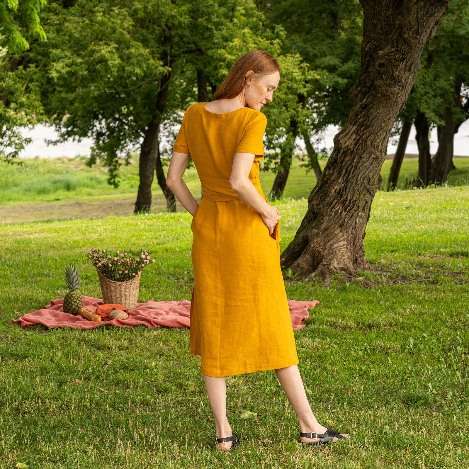 Linen Short Sleeve Obi Wrap Dress Milly