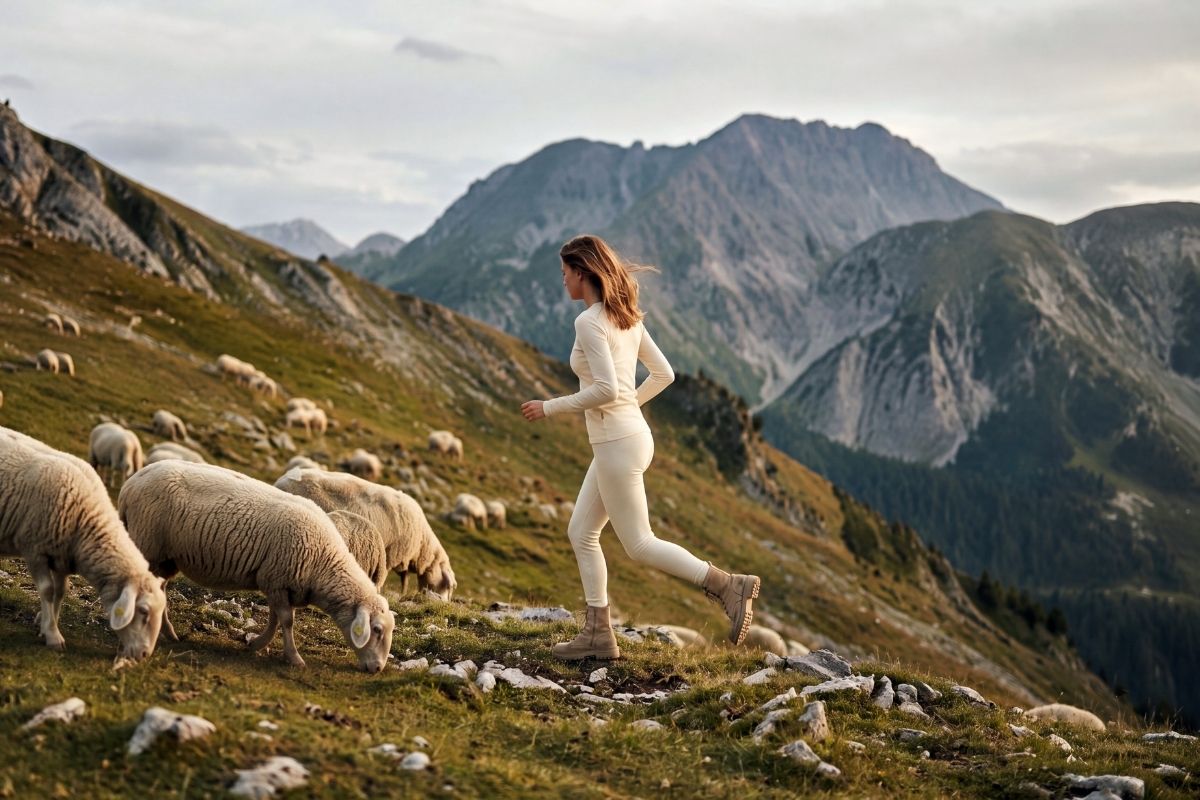 A woman in a fitted cream one-piece outfit runs across a grassy mountain slope while herding sheep, with rugged peaks in the background.