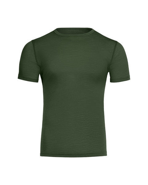 The Menique men&#39;s 160gsm short sleeve shirt in dark green color in a white background, front view.