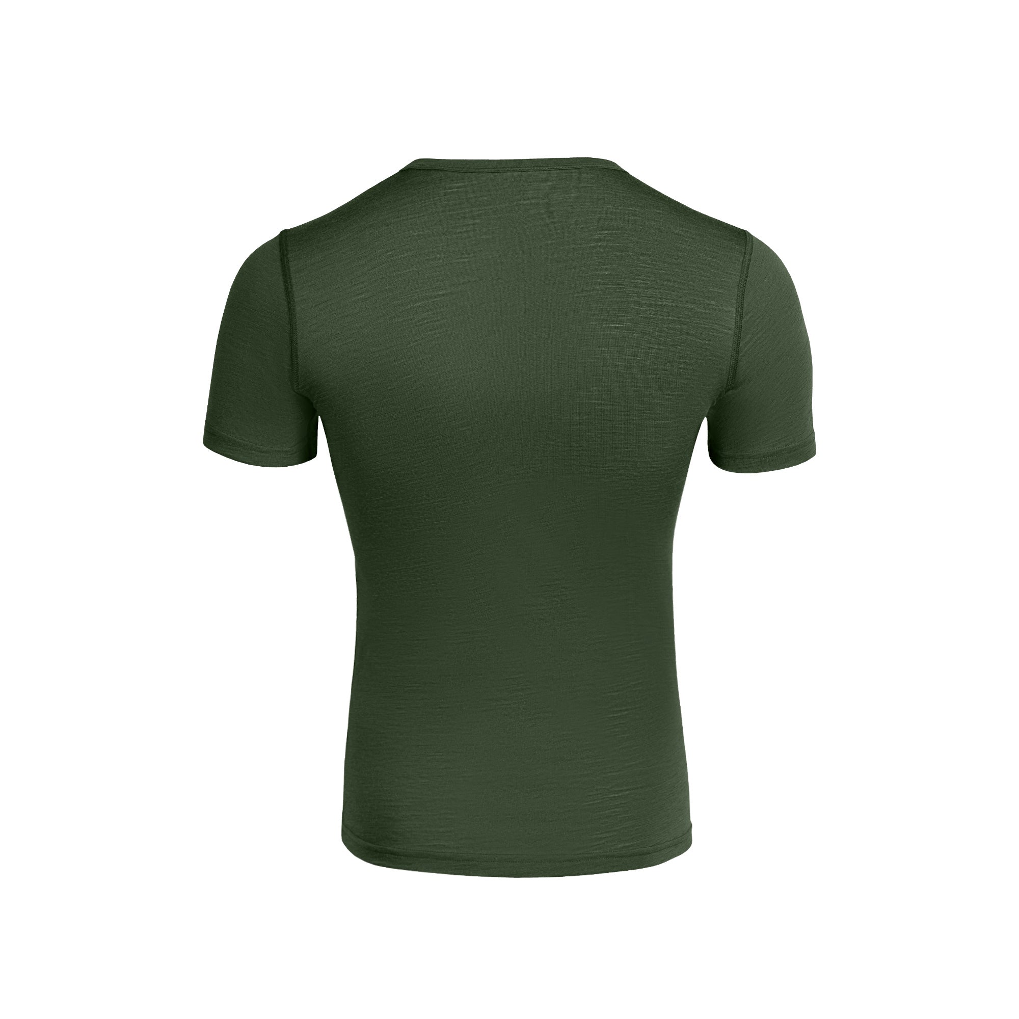 The Menique men's 160gsm short sleeve shirt in dark green color in a white background, front view.