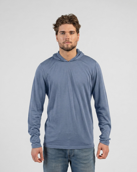 The men's dusty blue hoodie is shown from the front, featuring a simple pullover hood and breathable-looking fabric texture.
