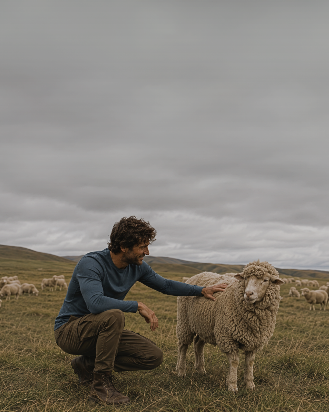A smiling man crouching in a field under a cloudy sky, wearing a blue long-sleeved top and brown cargo pants while petting a sheep, with rolling hills and a flock behind him.