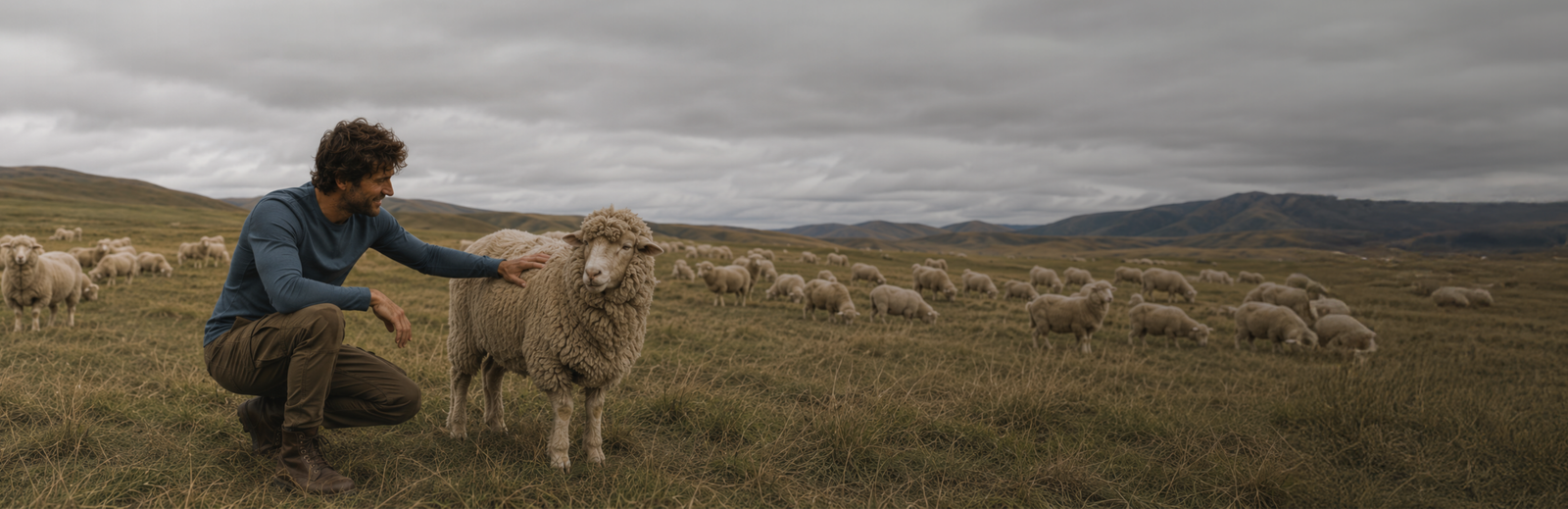 A smiling man crouching in a field under a cloudy sky, wearing a blue long-sleeved top and brown cargo pants while petting a sheep, with rolling hills and a flock behind him.