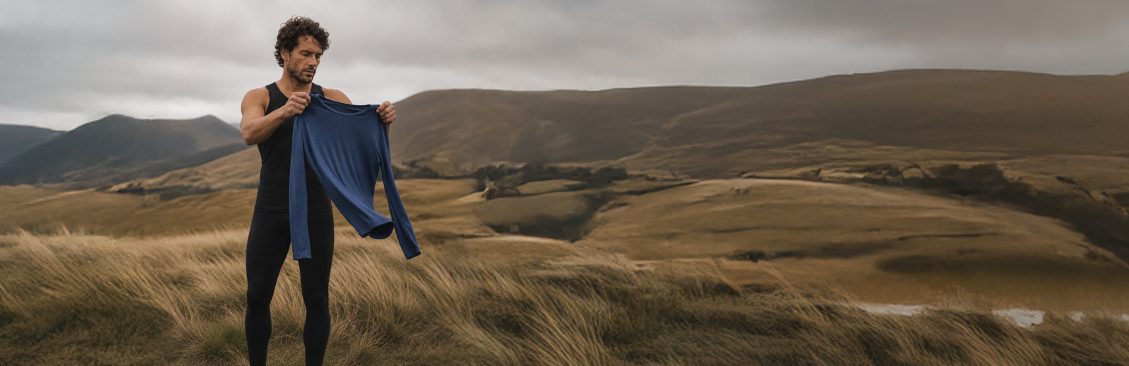 A man in a black tank top and black leggings standing in a vast, grassy landscape under a cloudy sky, holding up a blue long-sleeved top to put it on.
