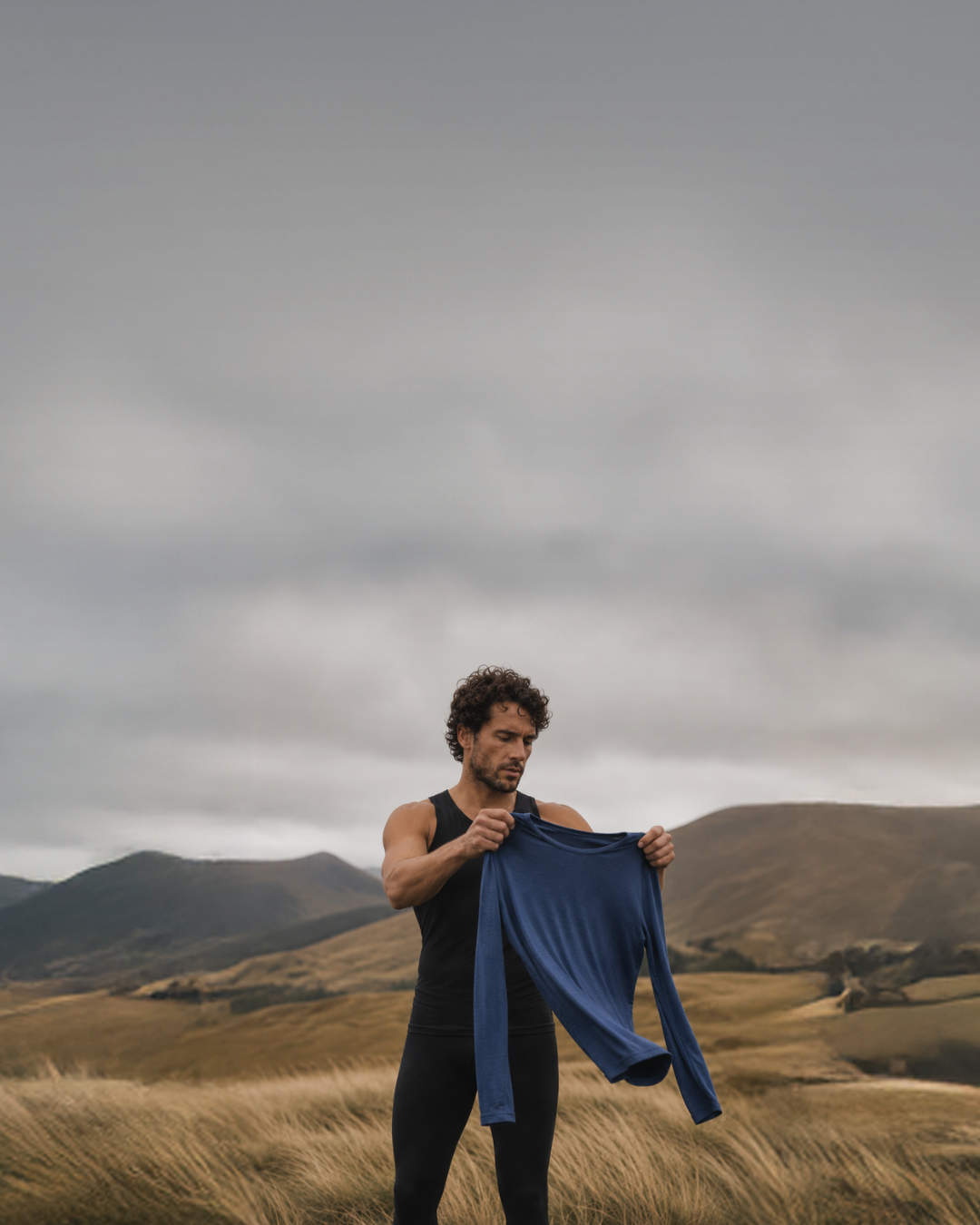 A man in a black tank top and black leggings standing in a vast, grassy landscape under a cloudy sky, holding up a blue long-sleeved top to put it on.