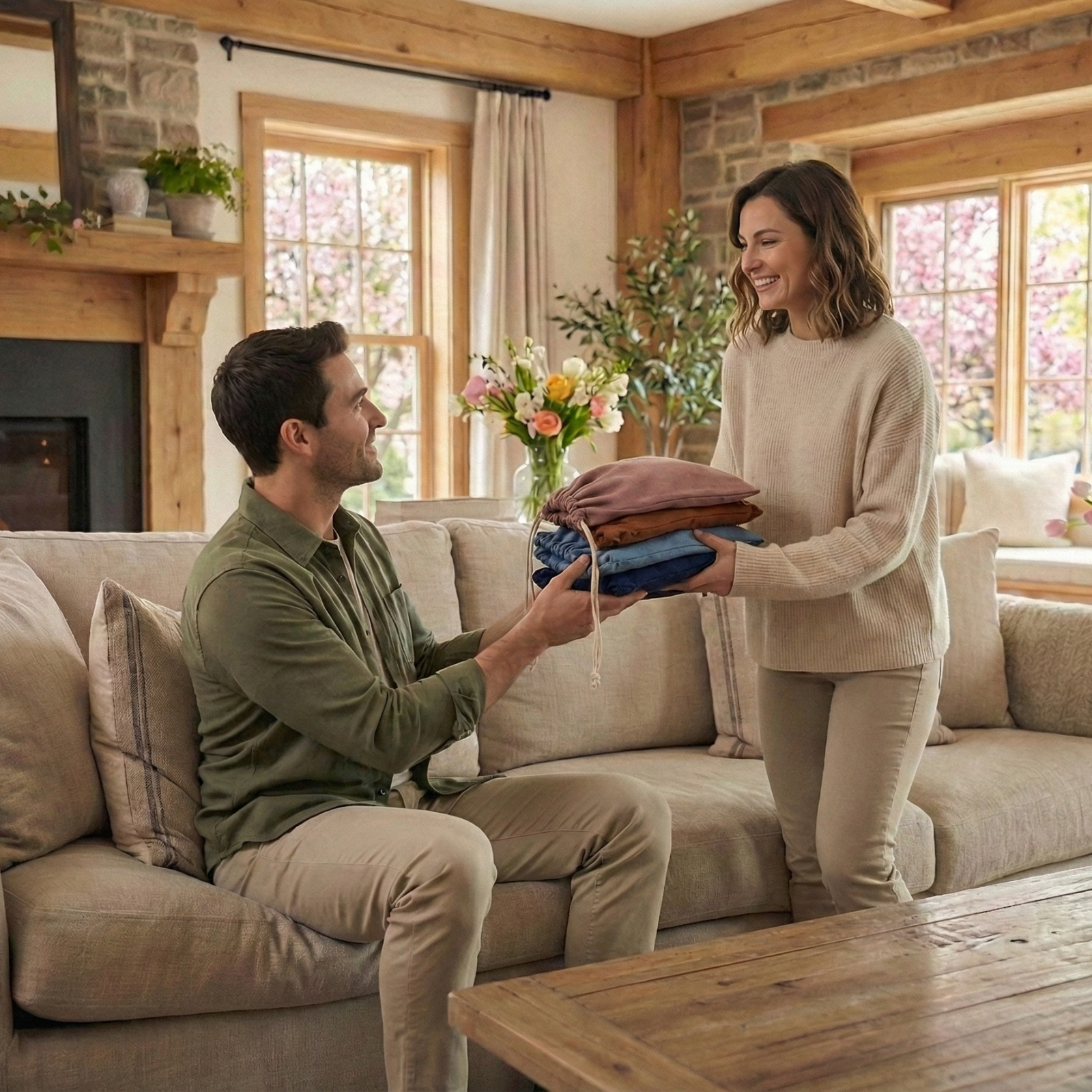 Two Menique branded drawstring gift bags in blush and navy placed on a wooden table in a warm, sunlit living room, showcasing premium packaging for merino wool gifts.