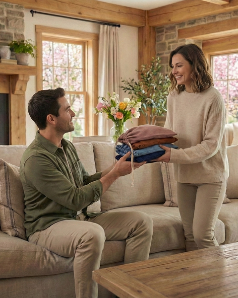 Woman handing a folded stack of merino wool clothing to a man sitting on a sofa in a cozy living room, illustrating merino apparel as a thoughtful and practical gift.