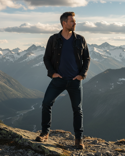 A man standing on a mountain top, wearing a navy V-neck T-shirt layered with a dark jacket, dark jeans, and boots, with a scenic backdrop of mountains and sky.
