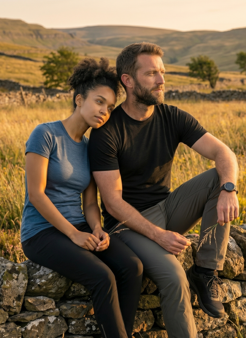 A woman in a blue t-shirt resting her head on the shoulder of a man in a black t-shirt. They are sitting together on a rustic stone wall in a sunlit field, both looking off into the distance.
