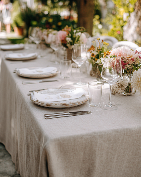 Natural linen tablecloth for outdoor celebration table setting with floral arrangements and glassware.