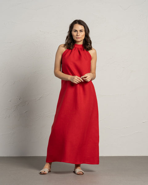 Linen Maxi Dress Rachel in Pure Red color