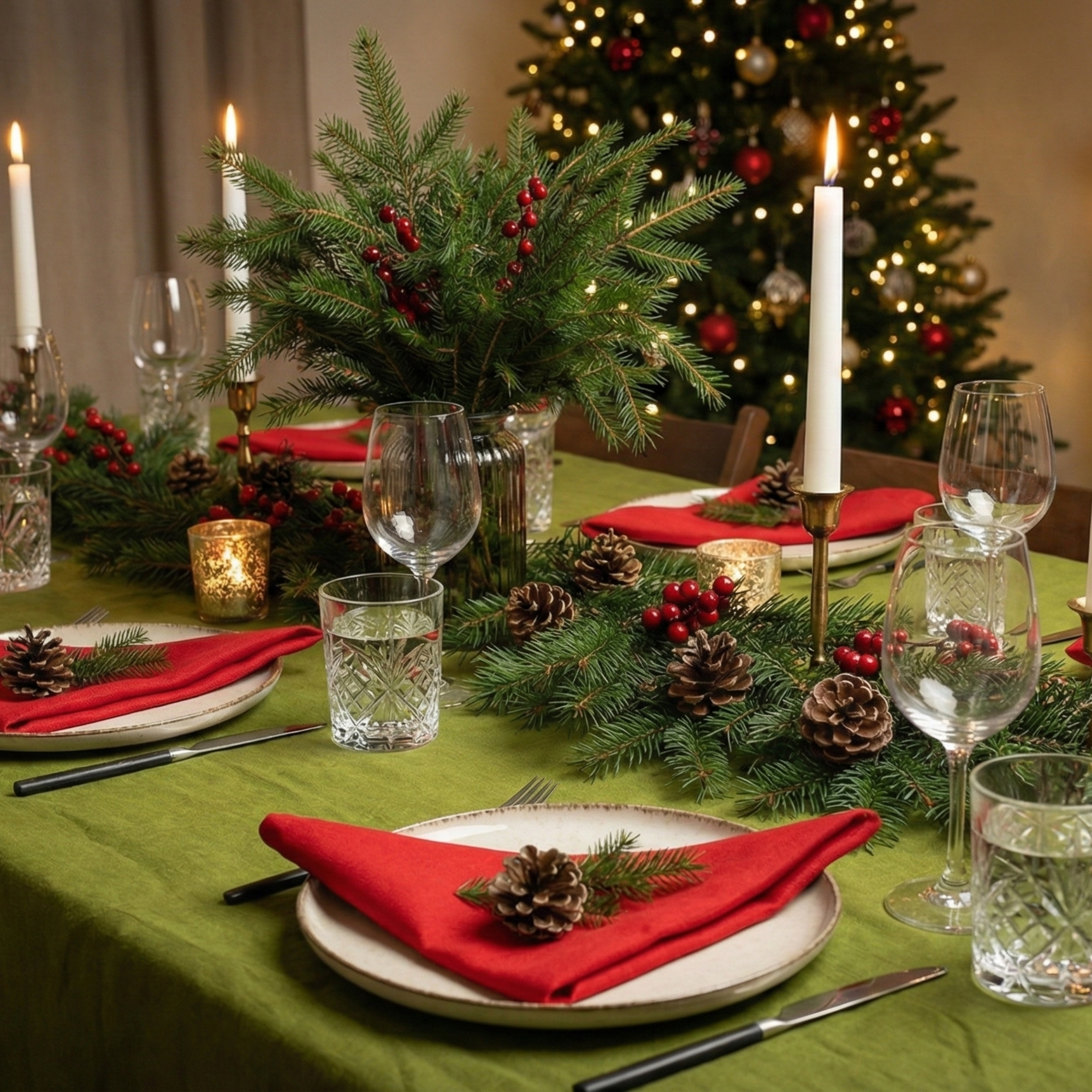 A top-down view of a Christmas place setting with a cream-colored plate on a green tablecloth. A red linen napkin is folded into a triangle and decorated with a pinecone and fir sprig. Silverware is placed on either side, and evergreen branches appear at the top edge of the image.