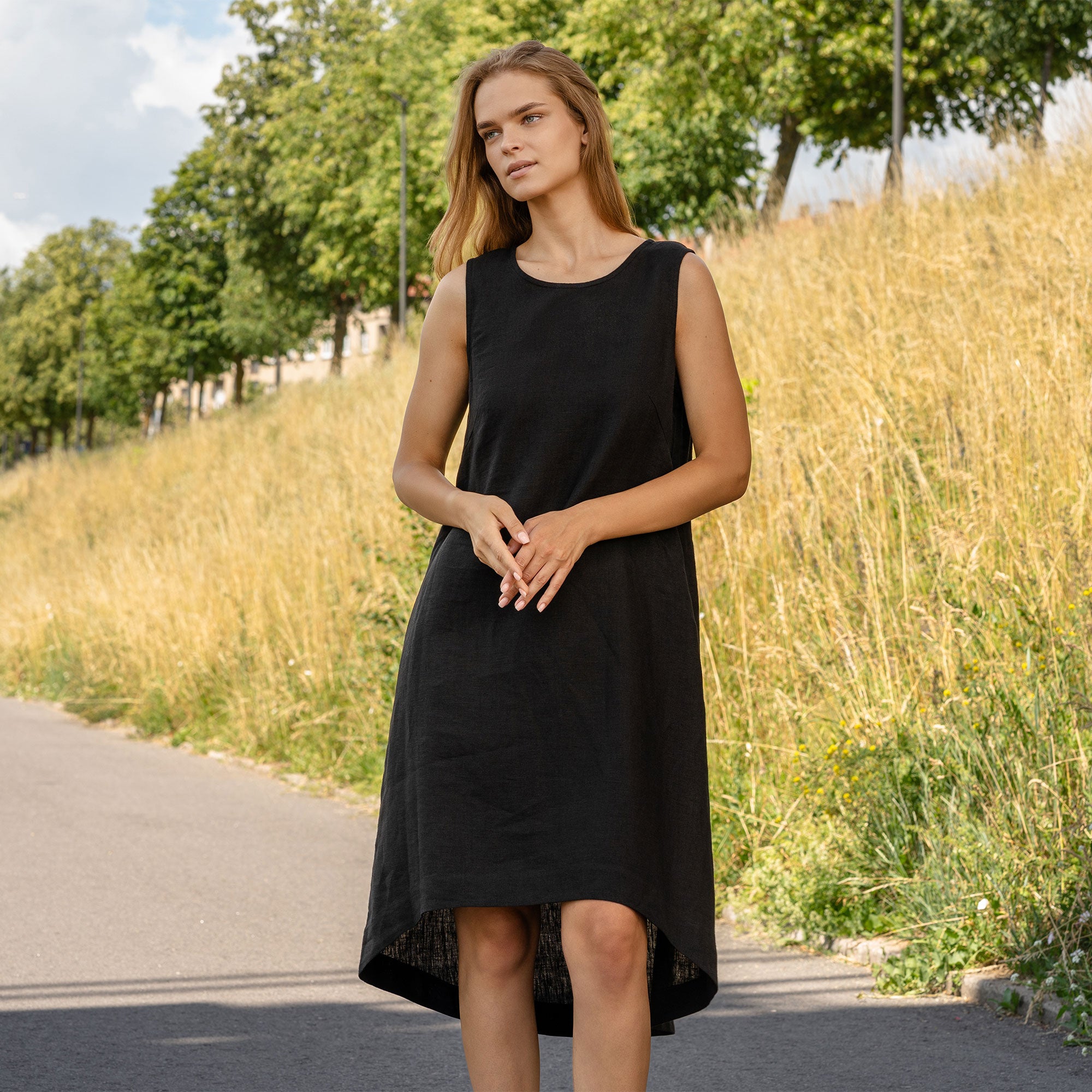 Linen Asymmetrical Dress Kaya Pure Black