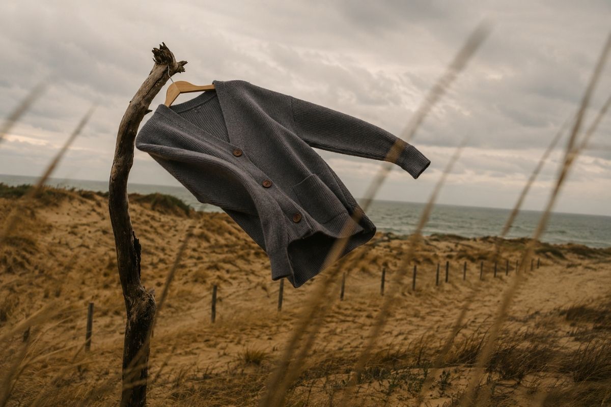 A dark gray knit cardigan sweater hangs from a wooden hanger on a weathered tree branch in an outdoor coastal dune setting, with the ocean and cloudy sky in the background.