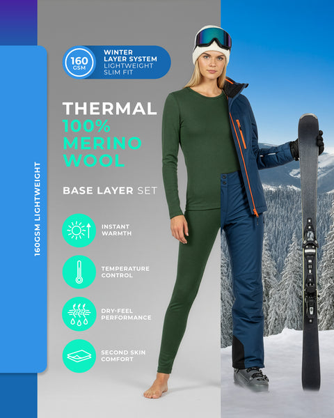 Women’s dark green 160 GSM thermal base layer set made of 100% merino wool, breathable winter underwear for cold climates