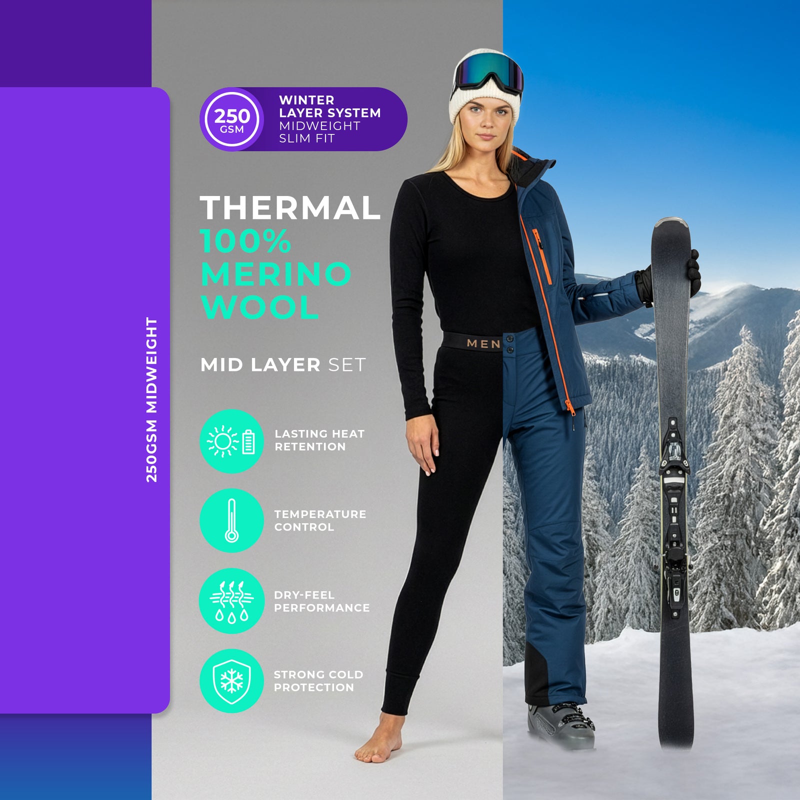 Women's 250 Merino 2-Piece Set of Long Sleeve & Bottoms Black