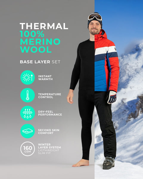 Man wearing a black 100% merino wool thermal base layer set in a split studio and alpine scene, highlighting lightweight warmth, temperature control, and slim-fit winter layering.