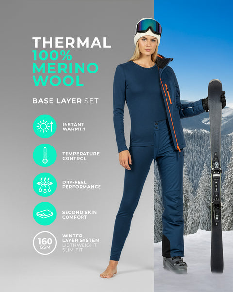 Woman wearing a blue 100% merino wool thermal base layer set in a split studio and mountain environment, showcasing slim-fit design, breathable warmth, and winter layering performance.