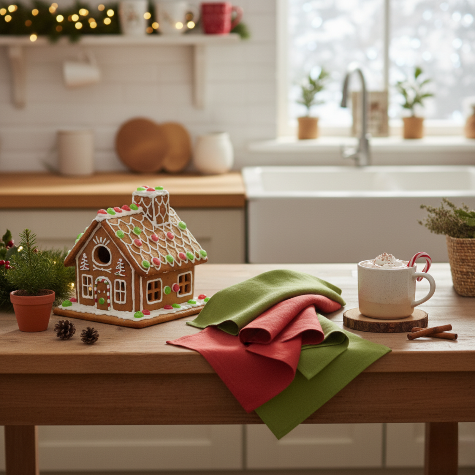 Folded green and red linen towels tied with string and pine sprig, placed on a wooden kitchen counter decorated with Christmas greenery and lights.