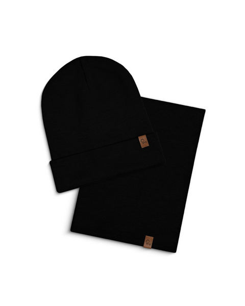 Black merino beanie and menique gaiter set on a white background