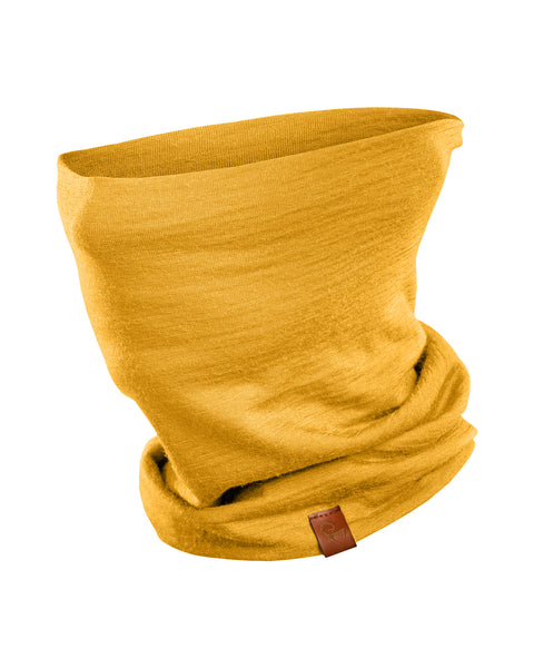 A detailed close-up product shot of the Menique Unisex Spicy Yellow Neck Gaiter, highlighting its vibrant yellow color and soft, breathable fabric. The gaiter&#39;s seamless design and stretchy material are emphasized, showing how it can comfortably fit various head and neck sizes. 