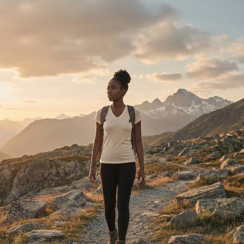 Woman hiking on a mountain trail at sunset wearing a light merino wool T-shirt, leggings, and backpack, showcasing breathable everyday outdoor wear.