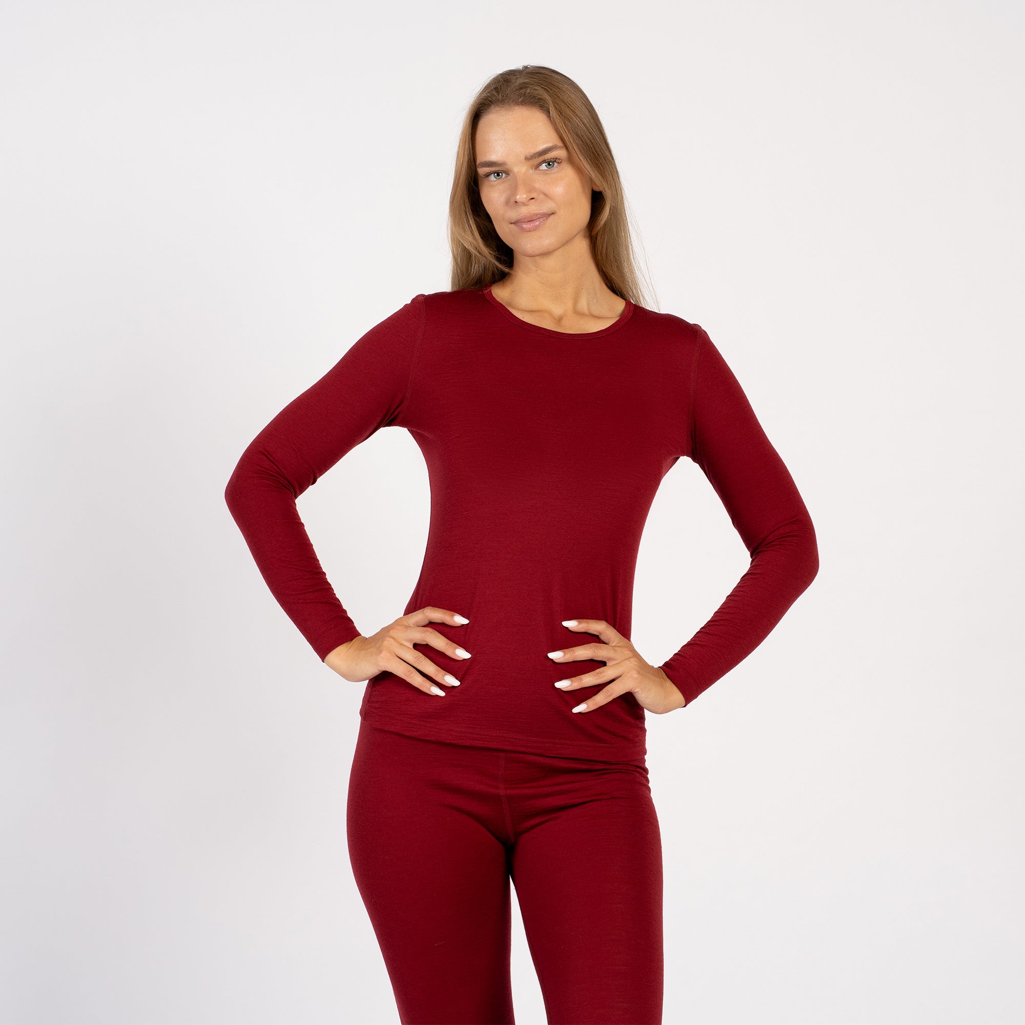 Full outfit with women’s thermal crew and leggings in royal cherry red