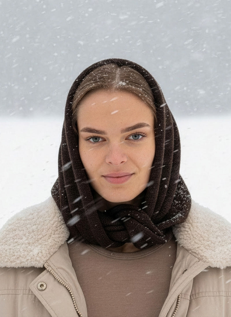 Person wearing a dark brown patterned scarf in a snowy landscape