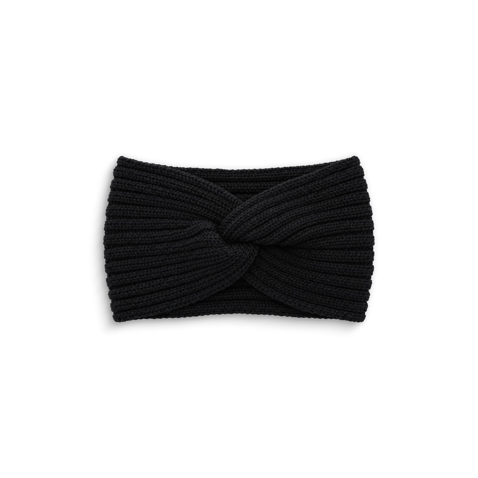 A brown ribbed knit headband featuring a twisted knot design in the center, displayed flat against a plain white background.