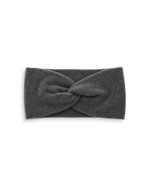 A dark gray knit headband featuring a twisted knot design in the center, displayed flat against a plain white background.