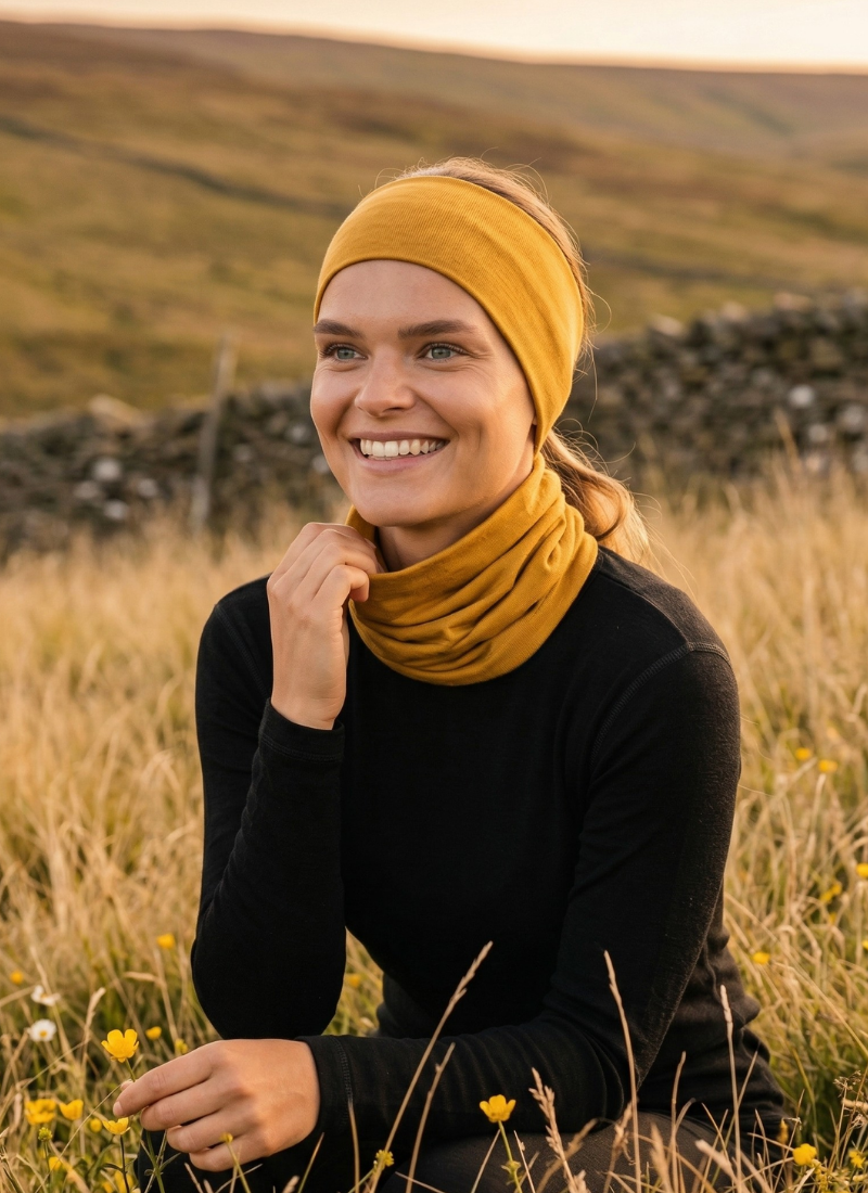 A woman kneels in a grassy field smiling brightly while wearing a mustard yellow headband and a matching neck gaiter. She pairs these accessories with a long-sleeve black top against a backdrop of rolling hills and a stone wall.